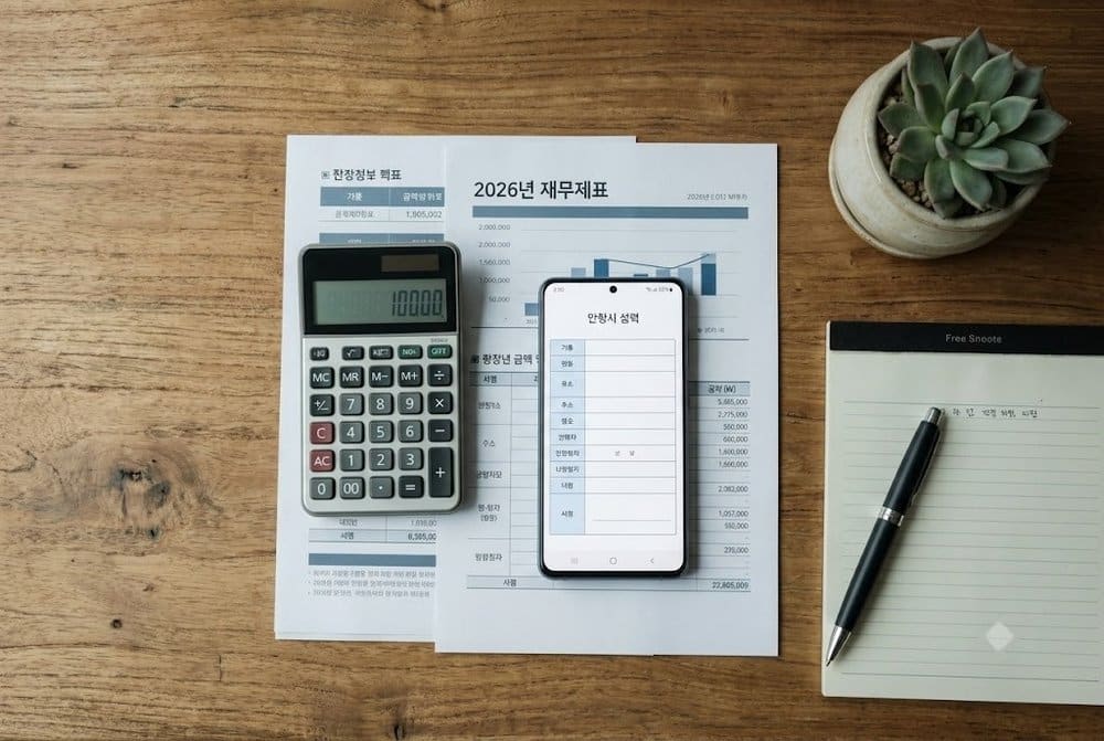 책상 위에 놓인 서류와 계산기 실업급여 계산기