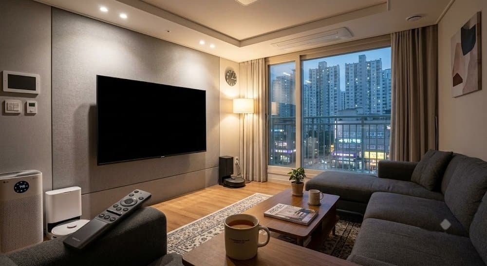 화면이 꺼진 거실 TV와 리모컨