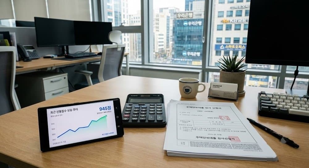 신용점수 등급표와 대출금리를 확인하는 스마트폰 화면과 계산기