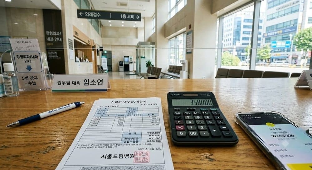병원 원무과 창구에 놓인 진료비 영수증과 계산기