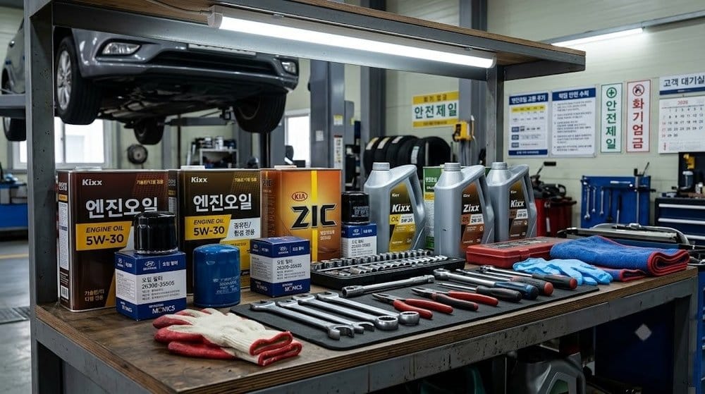 자동차 정비소 엔진오일 교환 작업대 모습
