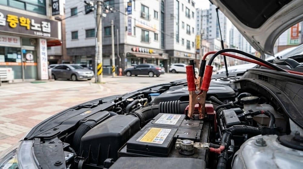 엔진룸 내부의 자동차 배터리와 점프 케이블 연결 모습