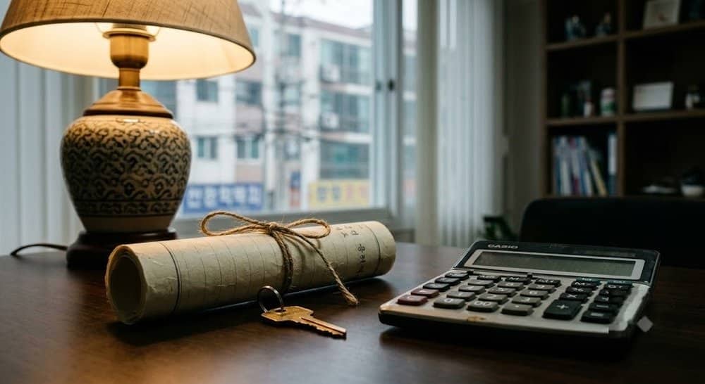 부동산 서류와 열쇠, 계산기가 놓인 책상