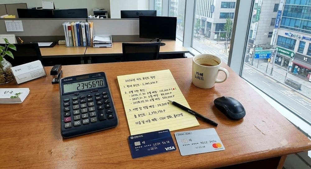 계산기로 카드 포인트 소멸 기한을 계산하는 책상 사진