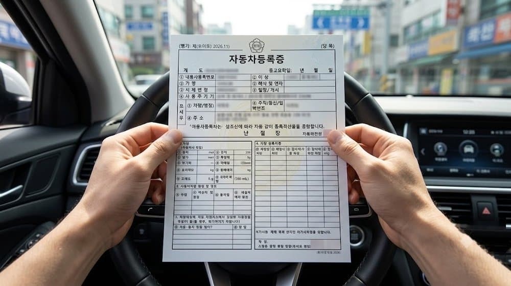 차량 내부에서 자동차 등록증을 확인하는 모습