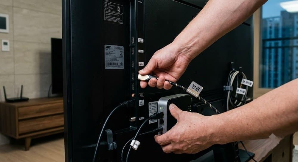 TV 뒷면 HDMI 케이블 연결 상태를 점검하는 손