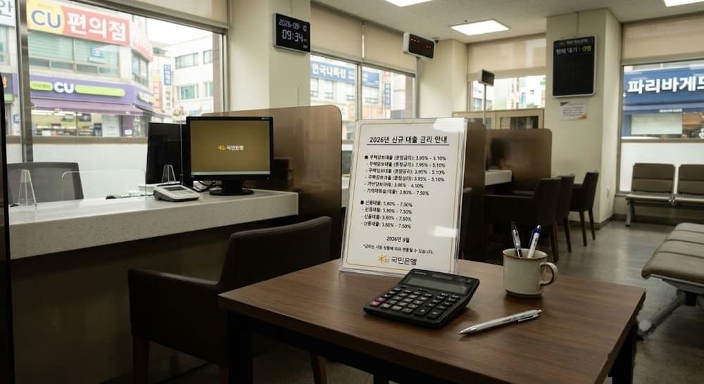 은행 대출금리 안내 서류와 계산기가 놓인 테이블