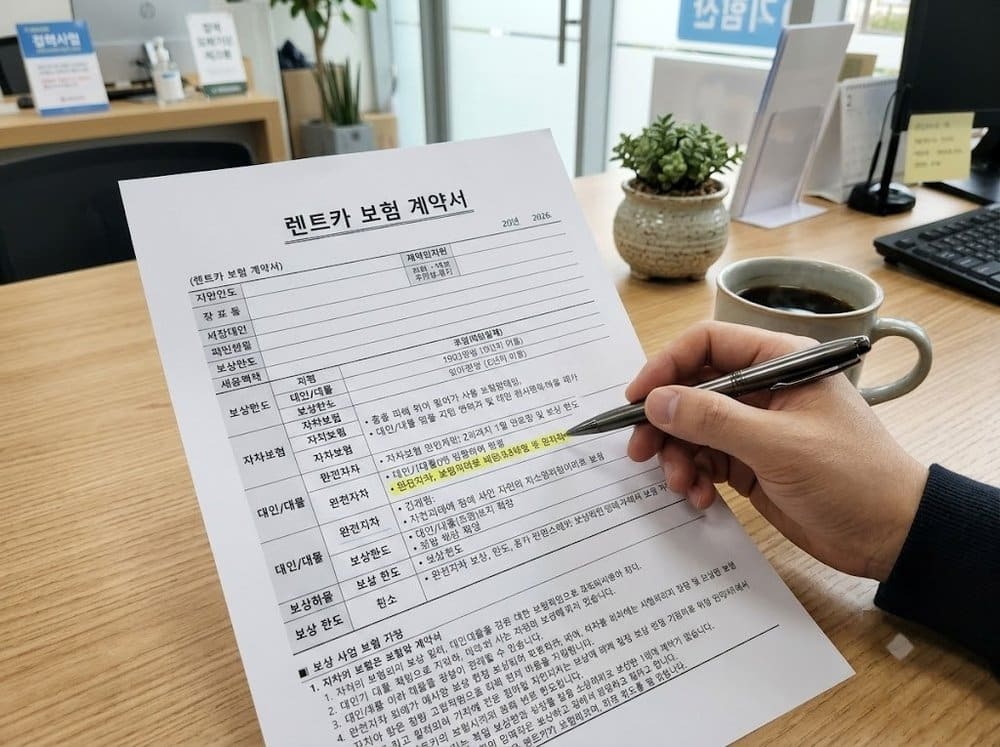 제주도 렌트카 자차보험 계약서와 펜