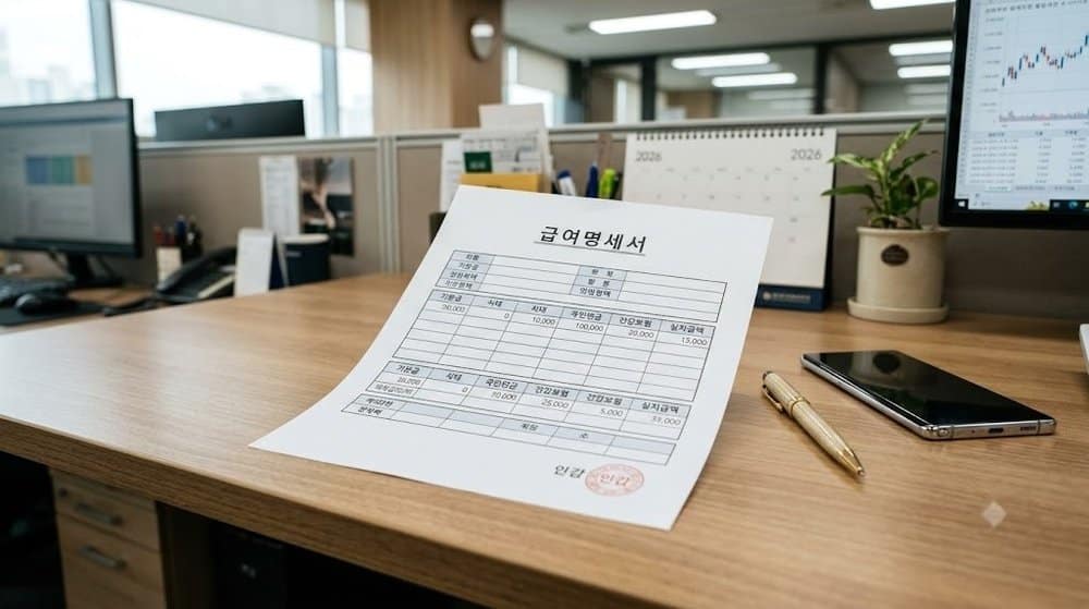 급여 명세서와 스마트폰이 놓인 깔끔한 책상