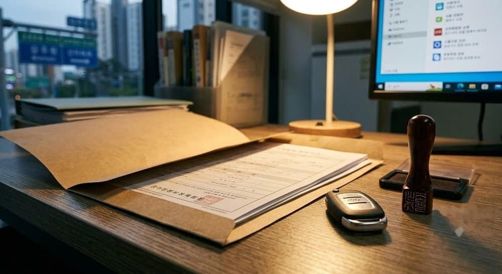 자동차 이전등록 서류와 차 열쇠, 인감도장