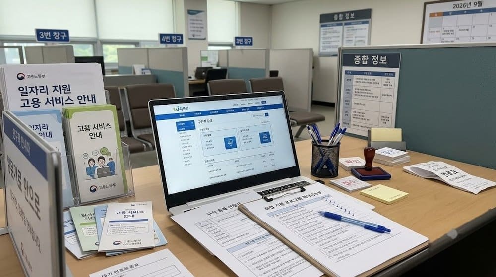 워크넷 화면과 체크리스트가 놓인 고용센터 데스크