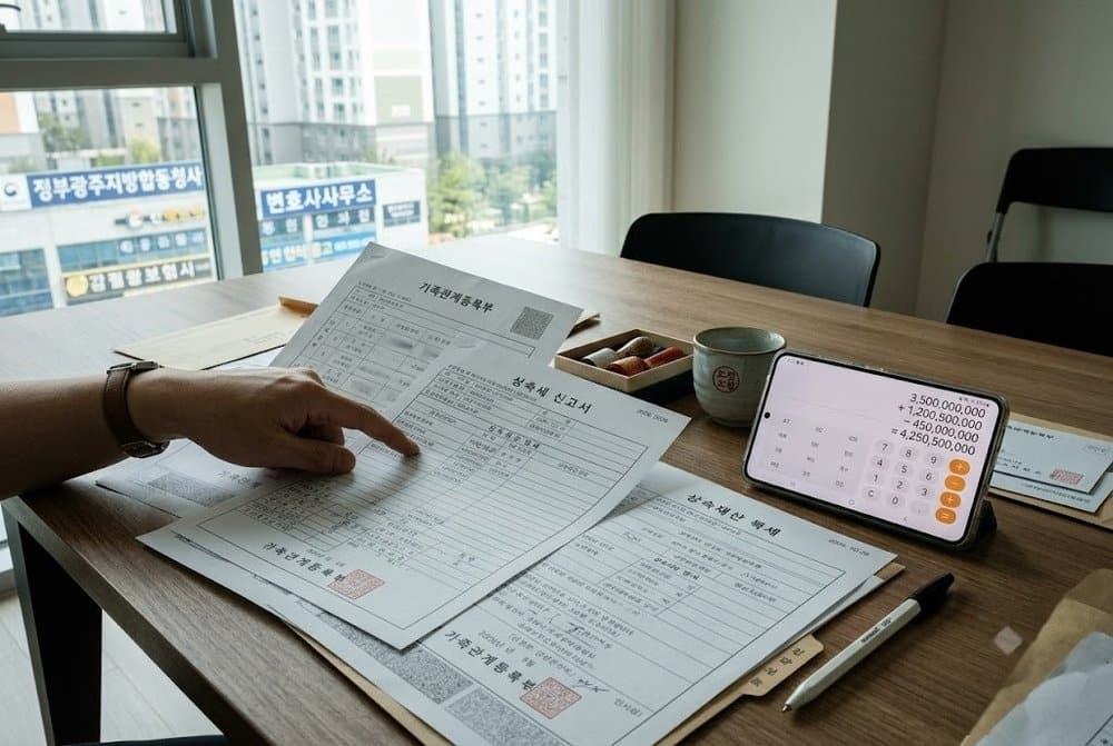 상속 공제를 확인하기 위한 가족관계 서류와 스마트폰