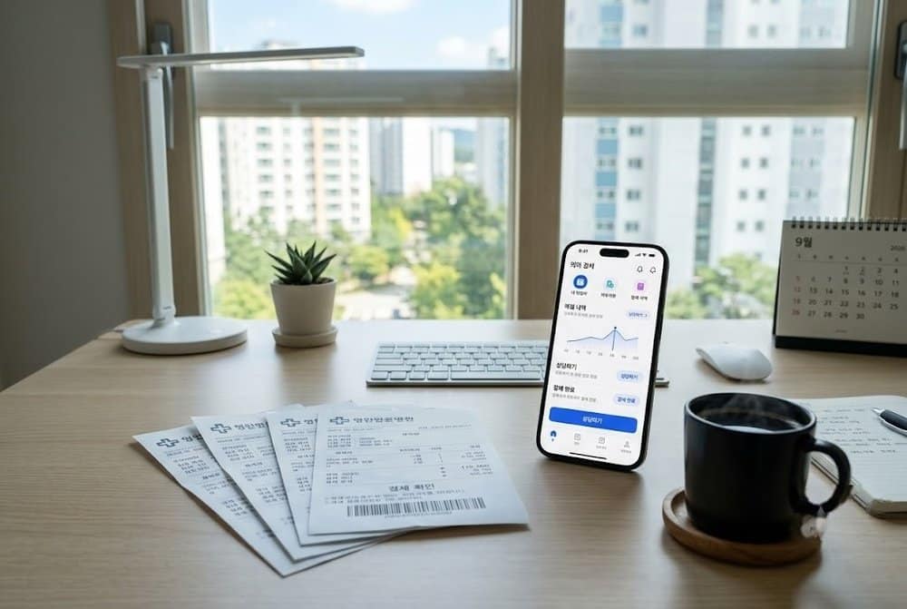진료비 영수증과 스마트폰 실손보험 청구 화면