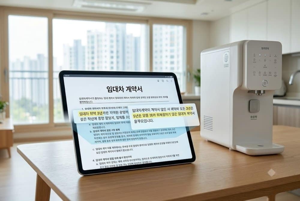 태블릿에 띄워진 정수기 렌탈 약정 기간 비교 화면