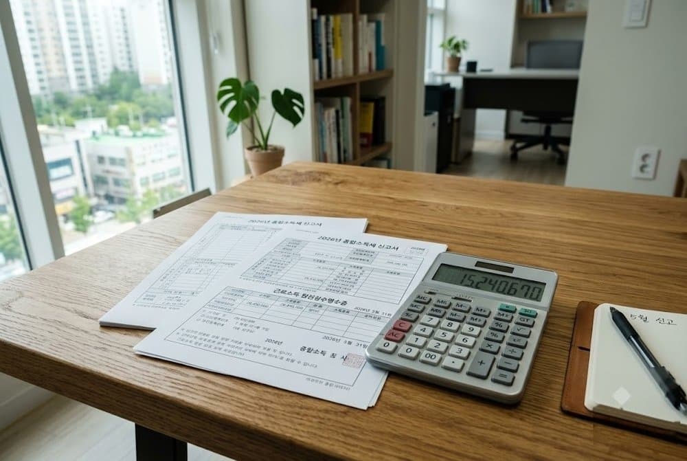 나무 책상 위에 놓인 세금 서류와 아파트 상속세 계산기