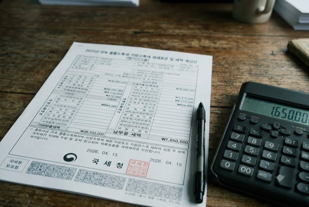 책상 위에 놓인 상속세 면제한도 계산기와 세금 서류