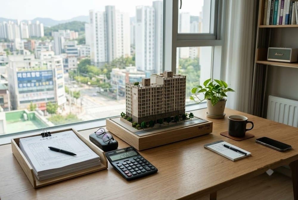 아파트 모형과 세금 서류가 놓인 책상 아파트 증여세 계산기