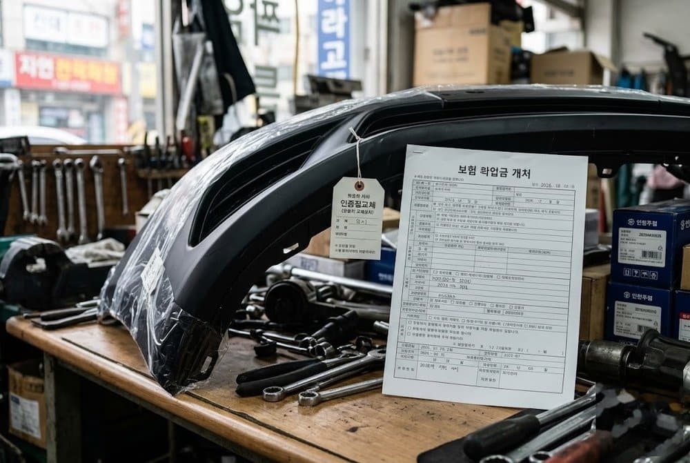 정비소 책상에 놓인 대체부품과 보험 서류