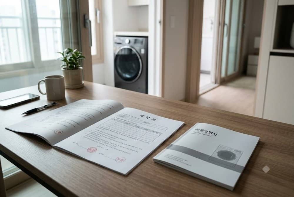 테이블 위에 놓인 가전제품 계약서와 설명서, lg 가전 구독 장단점