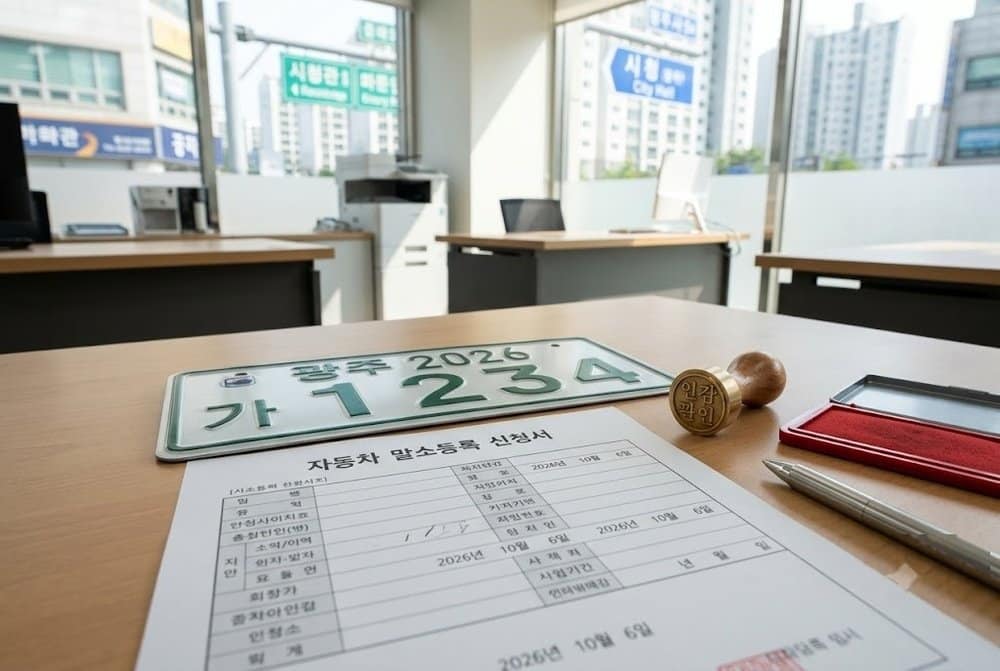 차량등록사업소 이륜차 번호판과 신고서