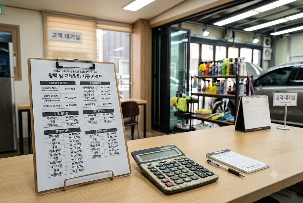 책상 위에 놓인 계산기와 자동차 광택 가격표