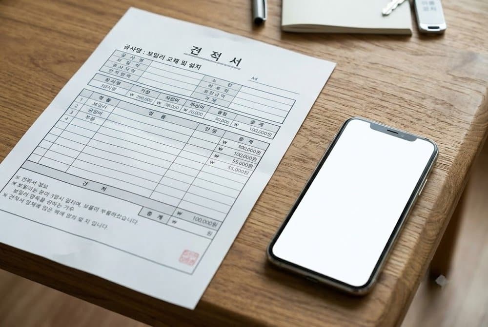 나무 책상 위에 놓인 가스보일러 교체비용 견적서와 스마트폰