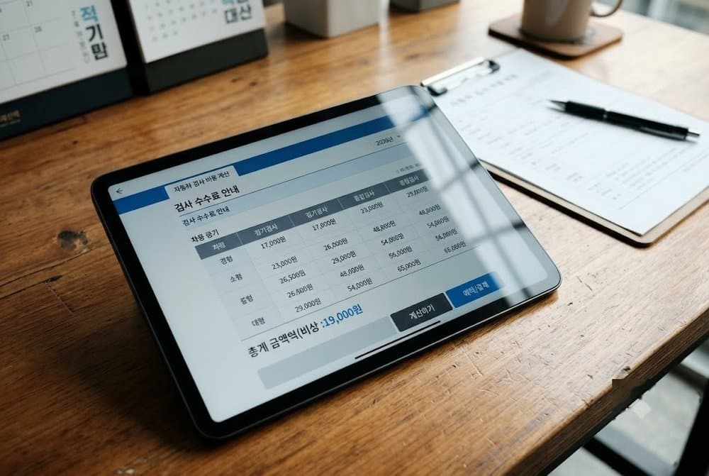 자동차 정기검사 비용 수수료 계산기 화면