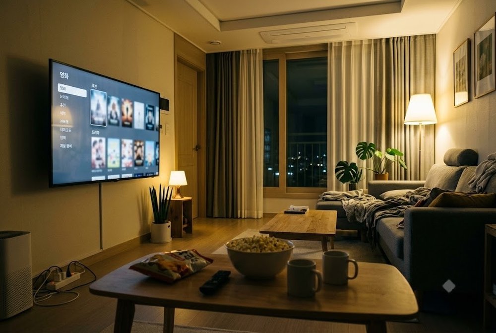 어두운 거실에서 영화를 시청하는 TV 화면과 주변 풍경 넷플릭스 영화 추천