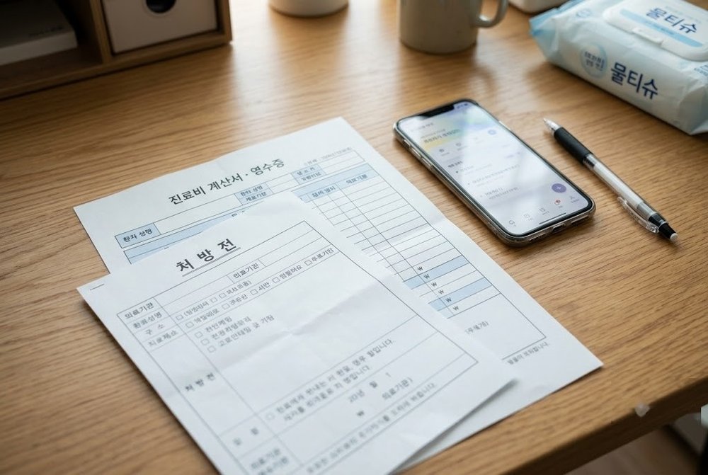 목재 테이블 위의 병원 진료비 세부산정내역서와 처방전 서류