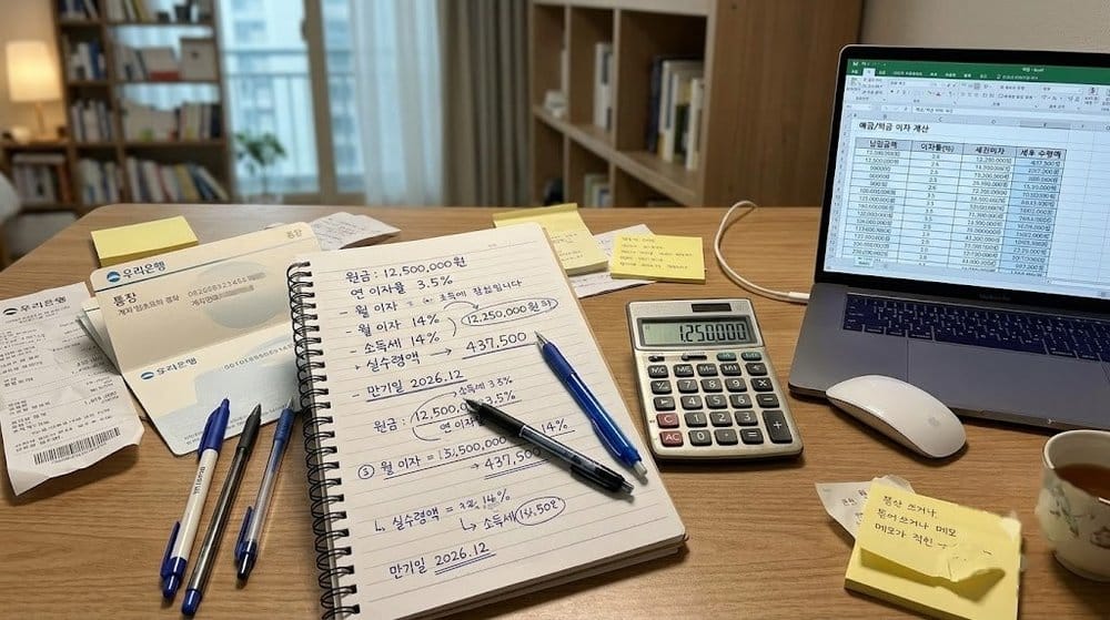 파킹통장 이자 계산 메모와 계산기