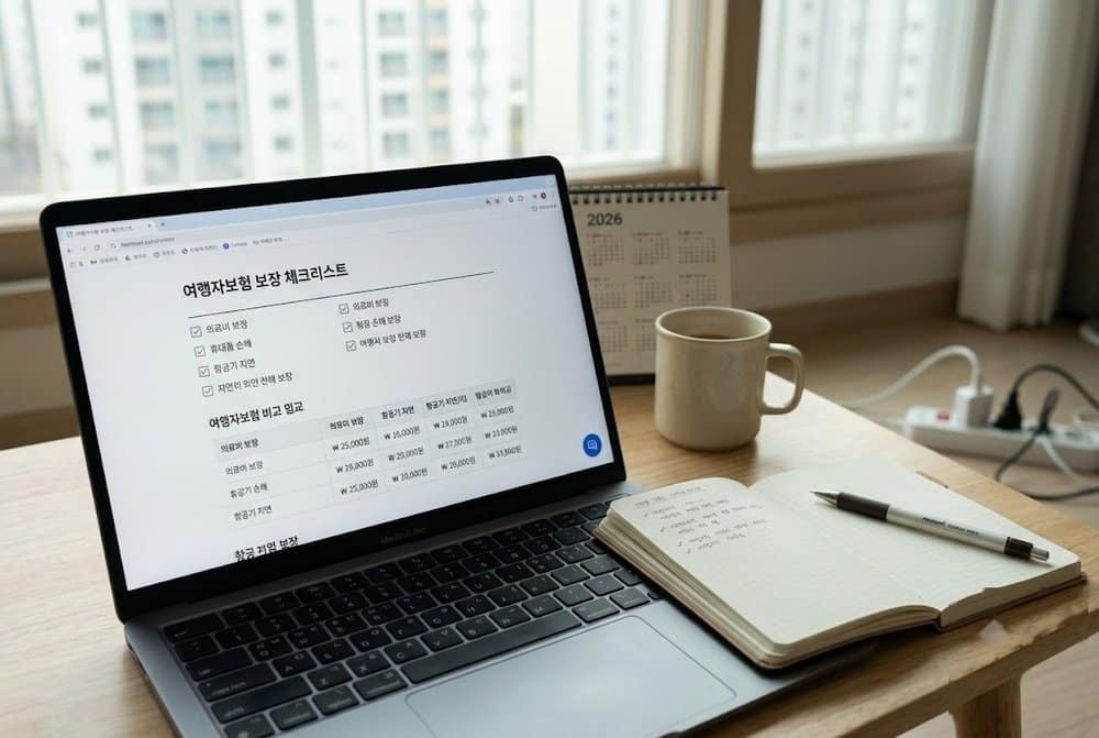 노트북 화면으로 여행자보험 가입 전 휴대품 손해 보장 기준을 확인하는 모습