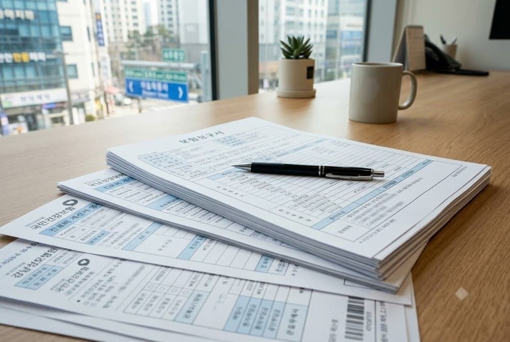 책상 위에 놓인 병원 진료비 영수증과 보험 청구 서류