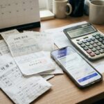 책상 위에 놓인 병원비 영수증과 세금 계산기