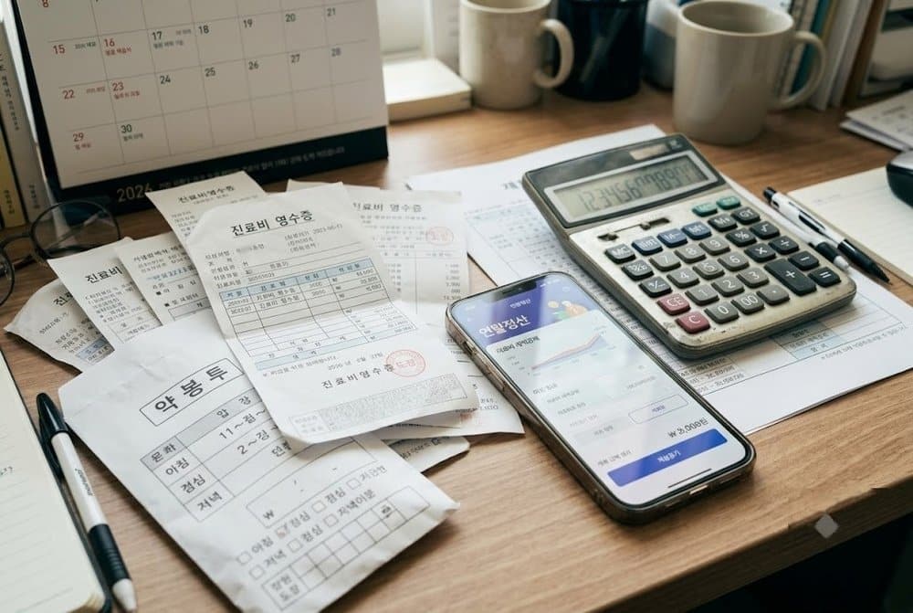 책상 위에 놓인 병원비 영수증과 세금 계산기