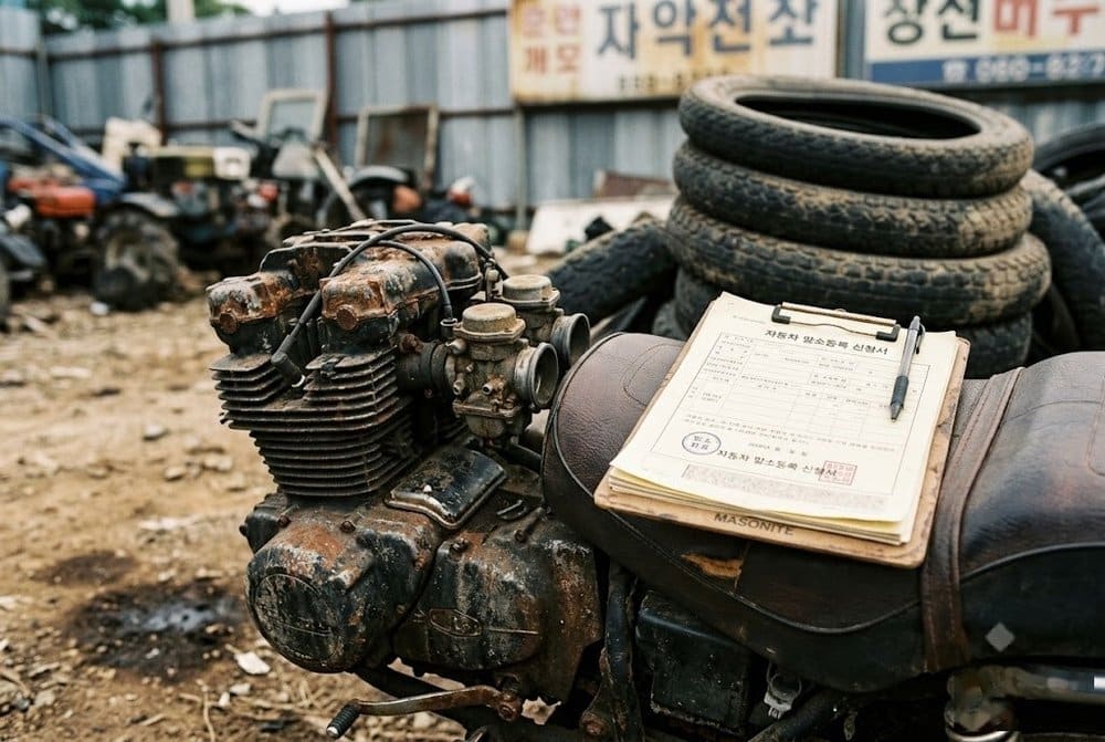폐차장 오토바이와 사용폐지 서류