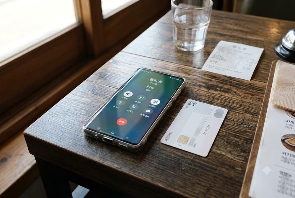 나무 테이블 위 신용카드와 통화 중인 스마트폰 화면