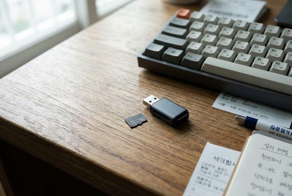블랙박스 SD카드와 USB 리더기를 PC에 연결하는 모습