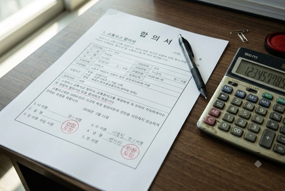 책상 위에 놓인 교통사고 합의서 양식과 계산기