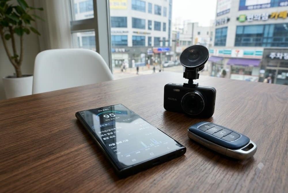 스마트폰 화면의 안전운전점수와 옆에 놓인 차량용 블랙박스
