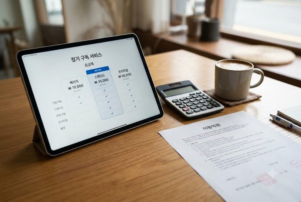 태블릿 화면의 구독 요금제와 계산기