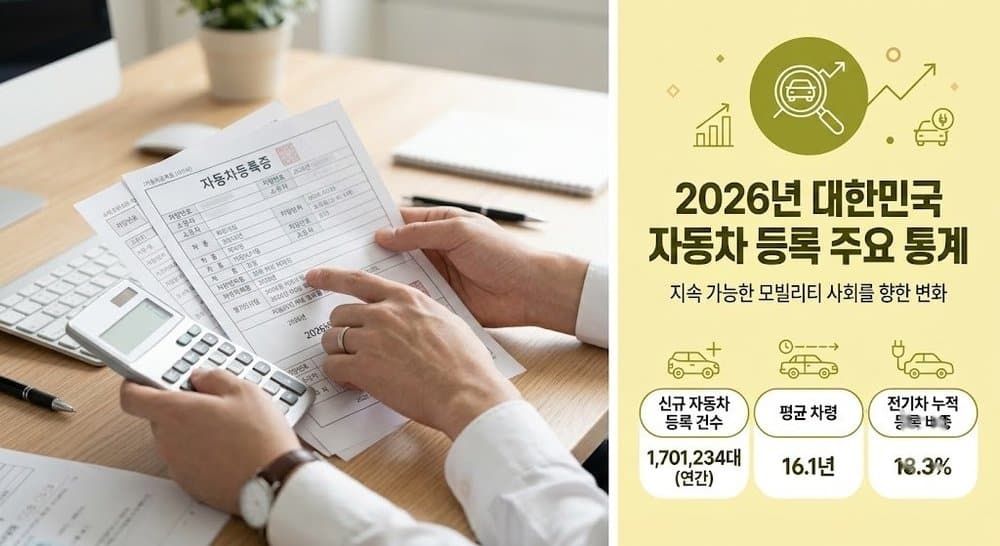 책상 위에 놓인 자동차등록증과 계산기로 자동차세 환급금 계산