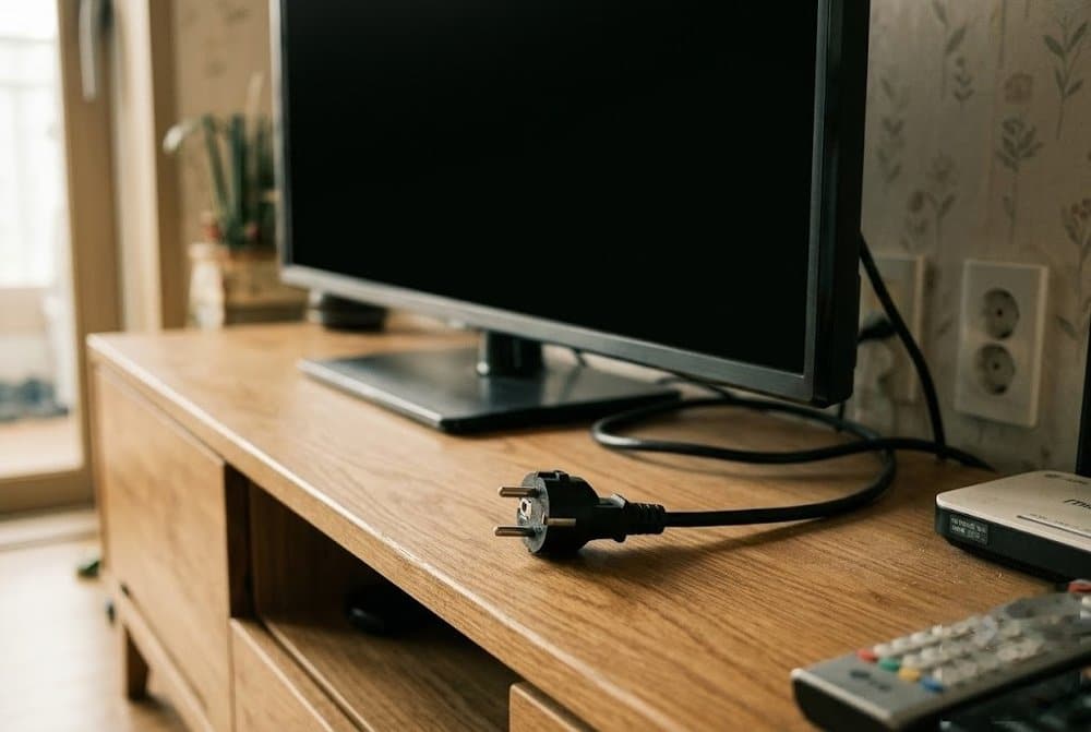 전원 케이블이 분리된 TV 화면과 넷플릭스 오류코드 e100 진단 환경