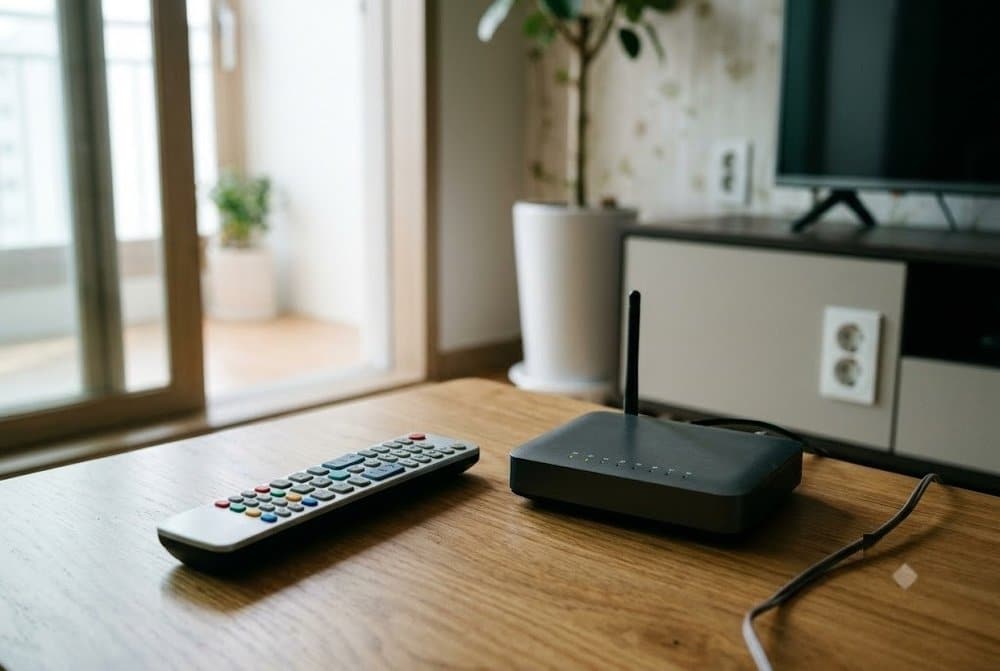 기기 재부팅을 위해 준비된 리모컨과 tvq-pb-101 오류 해결 도구