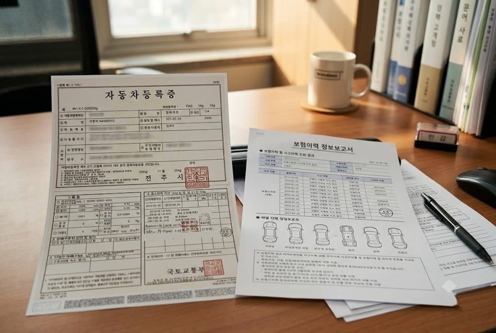 테이블 위에 놓인 자동차등록증과 사고이력조회 서류